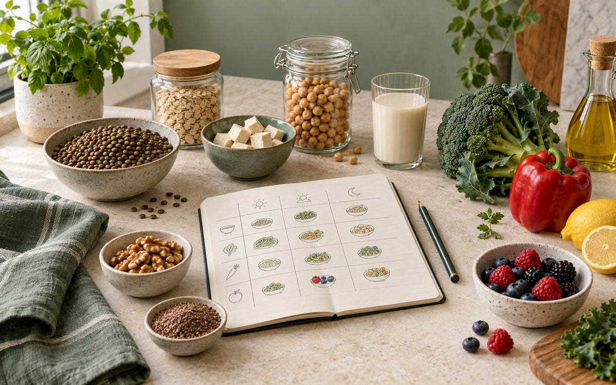 Aliments végétaux essentiels et carnet d'organisation pour débuter une alimentation végétale