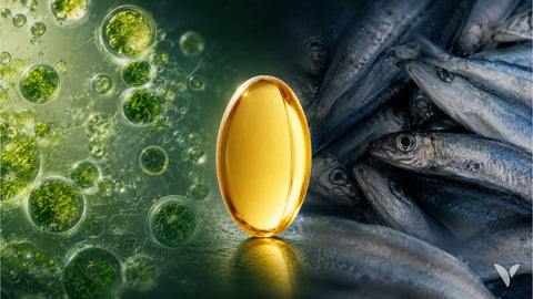 Une capsule d'oméga-3 dorée entre des microalgues vertes à gauche et des poissons à droite
