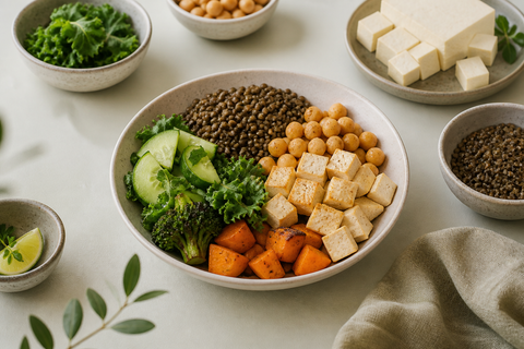 Bol végétal composé de lentilles, pois chiches, tofu et légumes