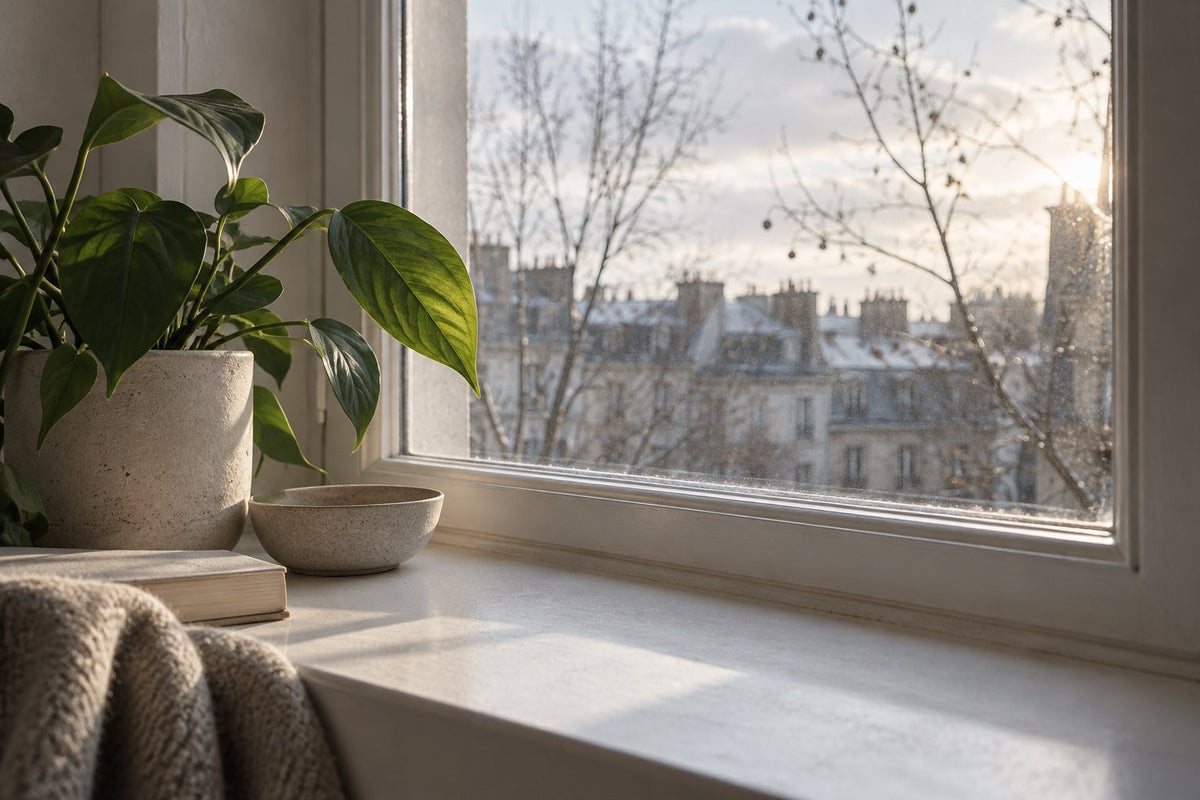 Lumière basse d'un matin d'hiver sur une plante verte près d'une fenêtre