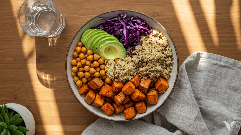 Buddha bowl végétal : quinoa, pois chiches, patate douce rôtie, avocat et chou rouge, sources de nutriments d'un régime végétal