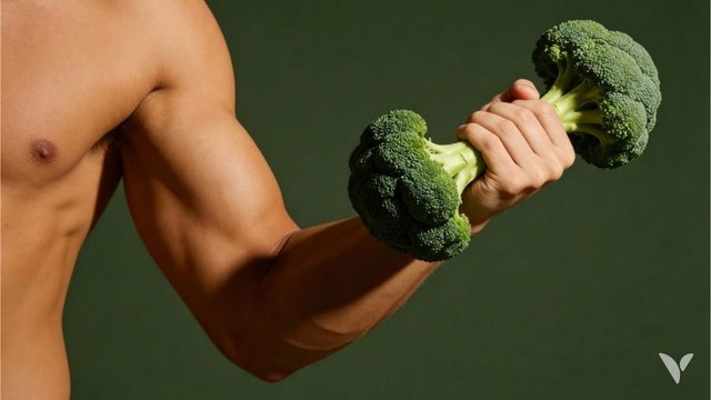 Bras musclé soulevant un haltère en brocoli : les protéines végétales et la construction musculaire