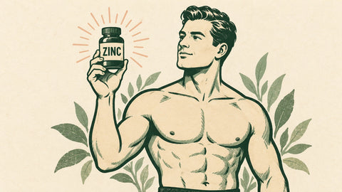 Illustration d'un homme tenant un flacon de zinc, entouré de feuilles