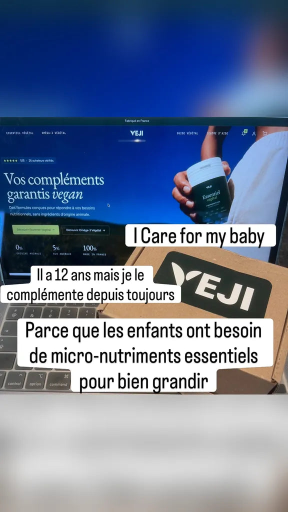 Publication Instagram de @vision_nature_by_laeti montrant le site VEJI, un colis et le flacon Essentiel végétal, avec un témoignage sur la complémentation de son fils.