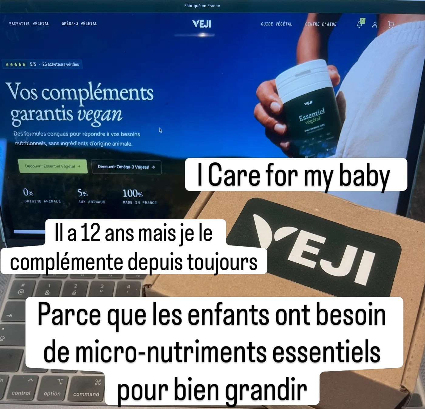 Publication Instagram de @vision_nature_by_laeti montrant le site VEJI, un colis et le flacon Essentiel végétal, avec un témoignage sur la complémentation de son fils.