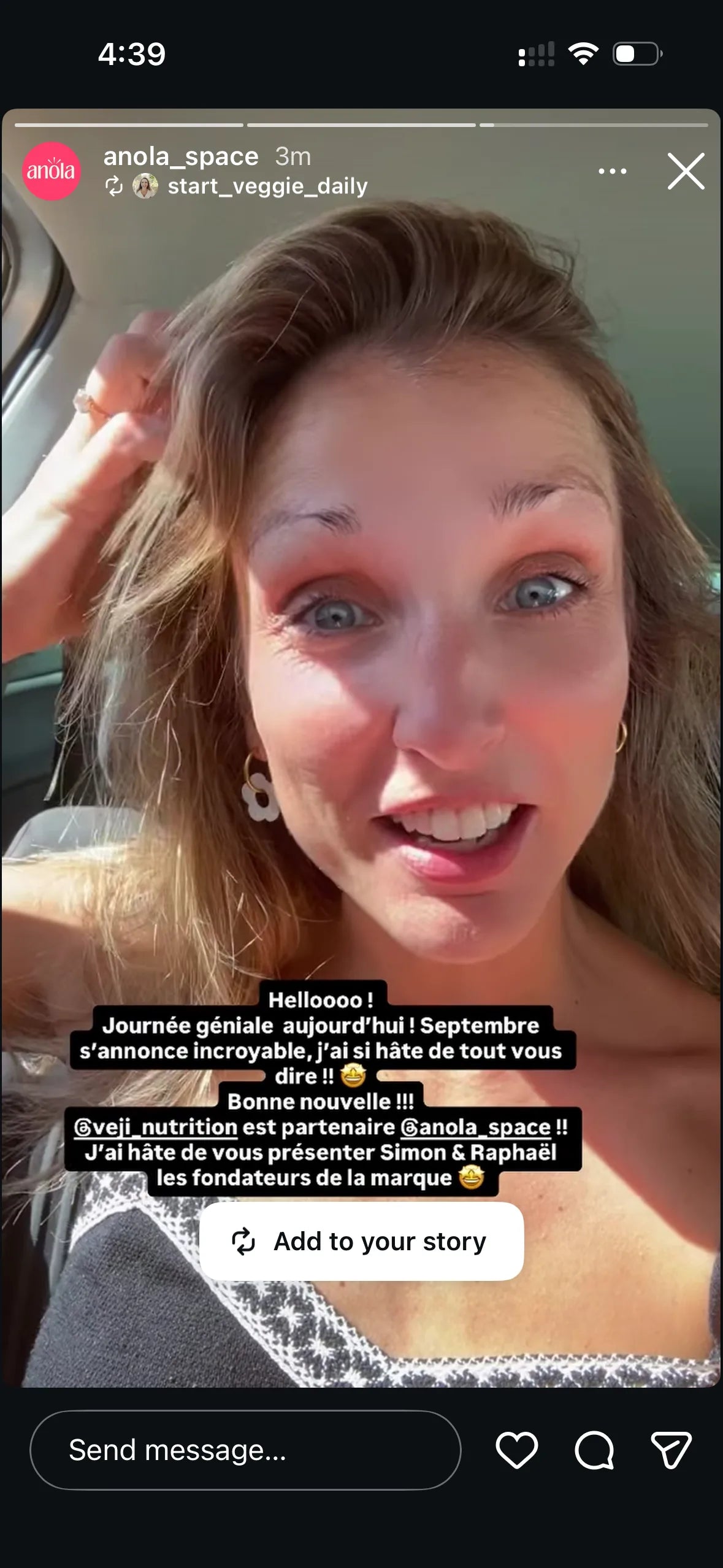 Story de @anola_space annonçant le partenariat entre VEJI Nutrition et Anola Space.