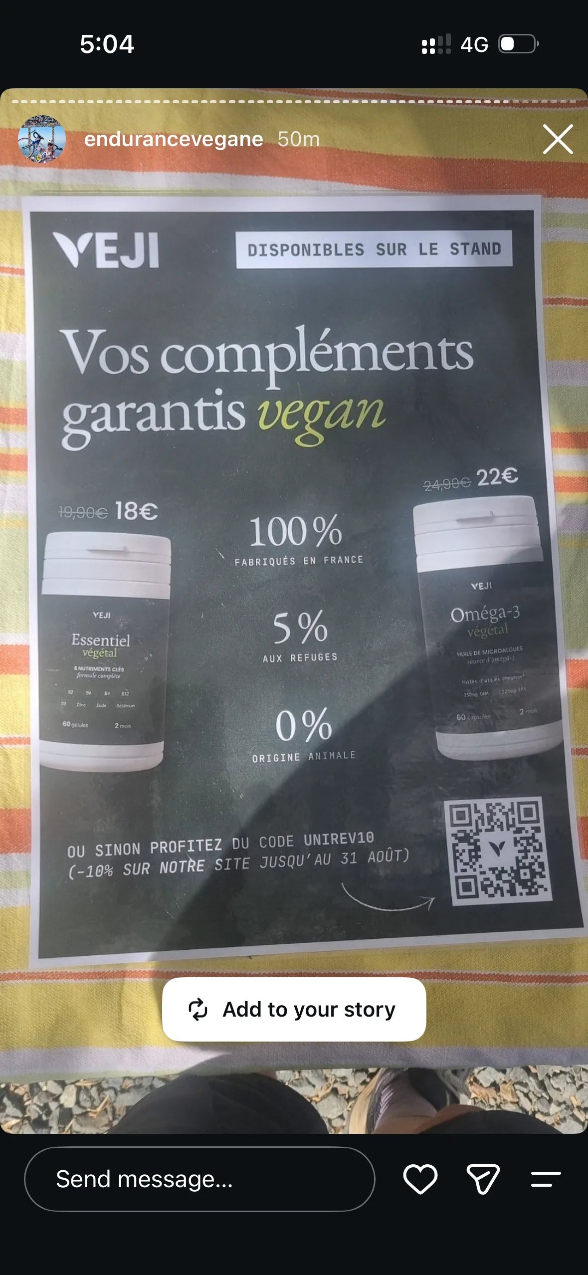 Story de @endurancevegane montrant l’affiche VEJI sur un stand.