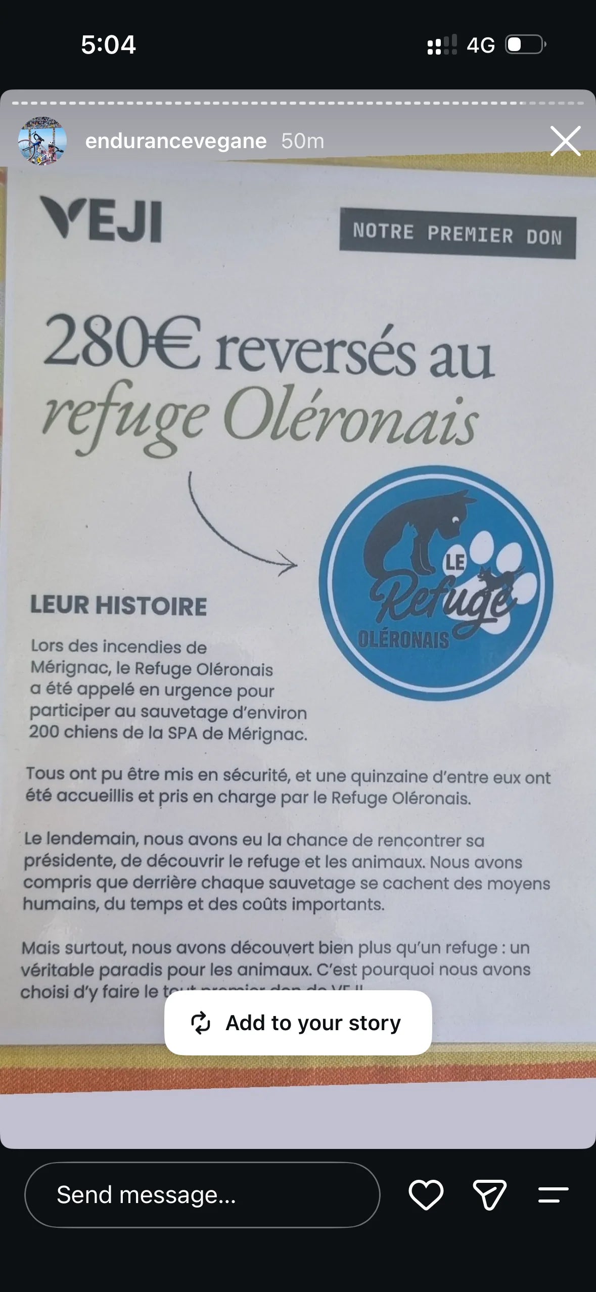 Story de @endurancevegane relayant le premier don VEJI au Refuge Oléronais.