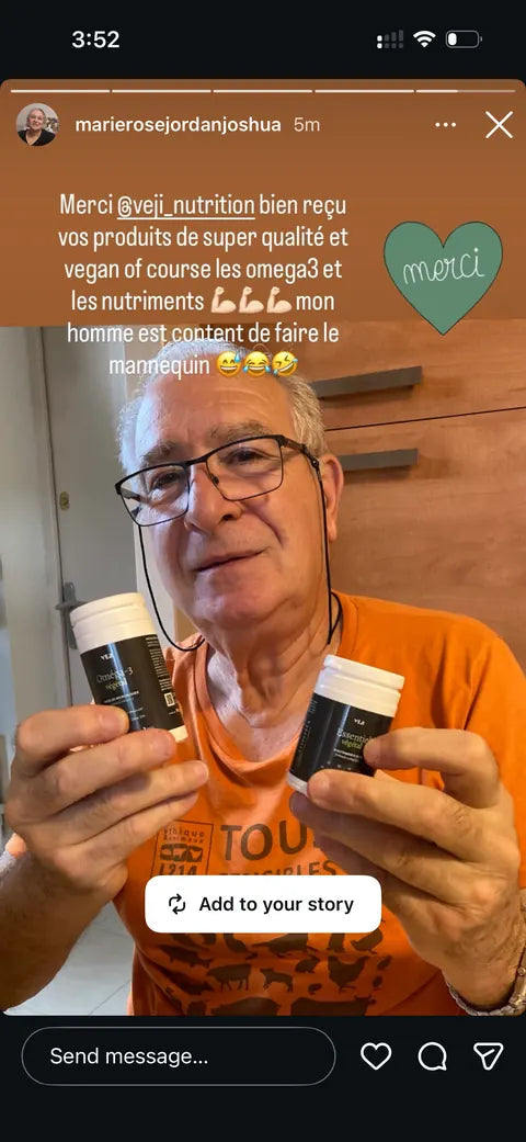 Story de @marierosejordanjoshua avec une personne tenant les deux compléments VEJI.