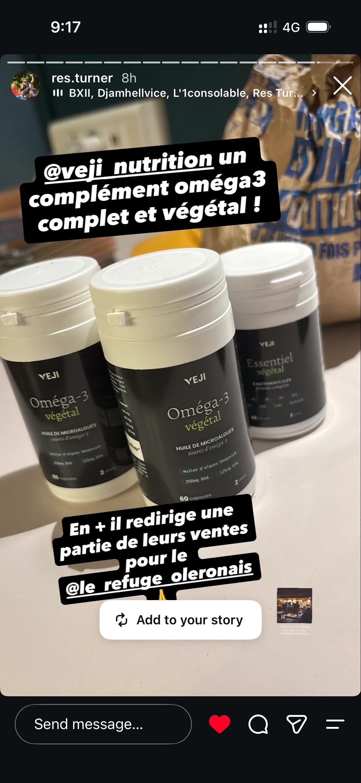 Story de @res.turner présentant les compléments VEJI et leur soutien au Refuge Oléronais.